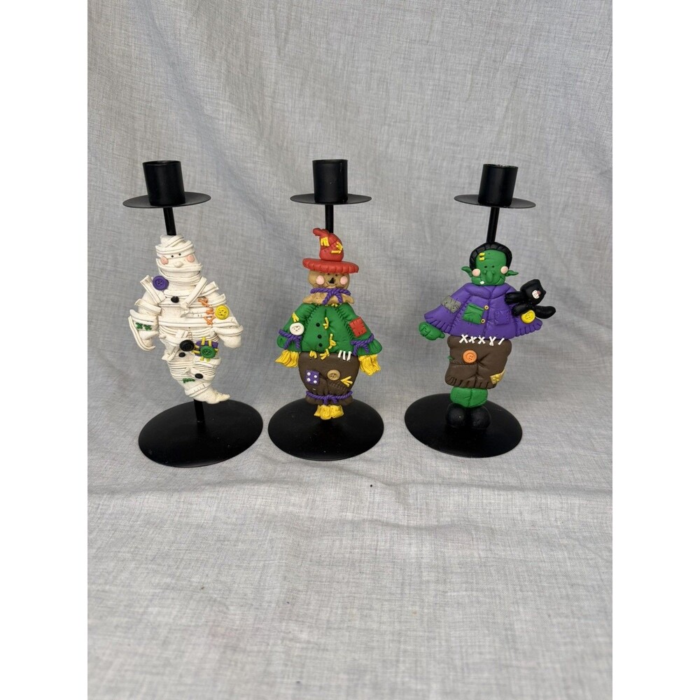 Witch Scarecrow Mummy Set Of Halloween Black Metal Candle Holders Clay 8.5"